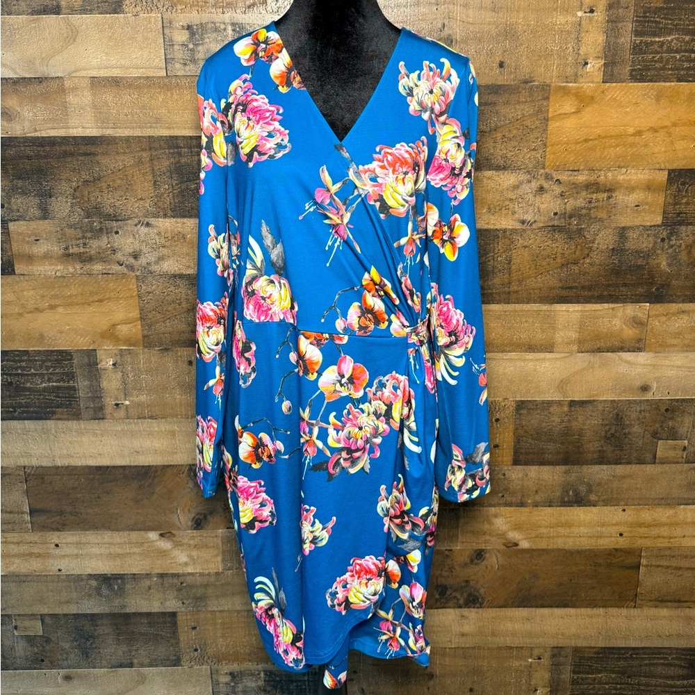 Uttam Boutique Blue Pink Floral Dress V Neck 10/12/XL Extra Large SM 102